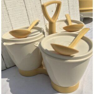 Vtg MCM Tupperware Trio Condiment Dressing Caddy Server Lids spoons Almond  EUC